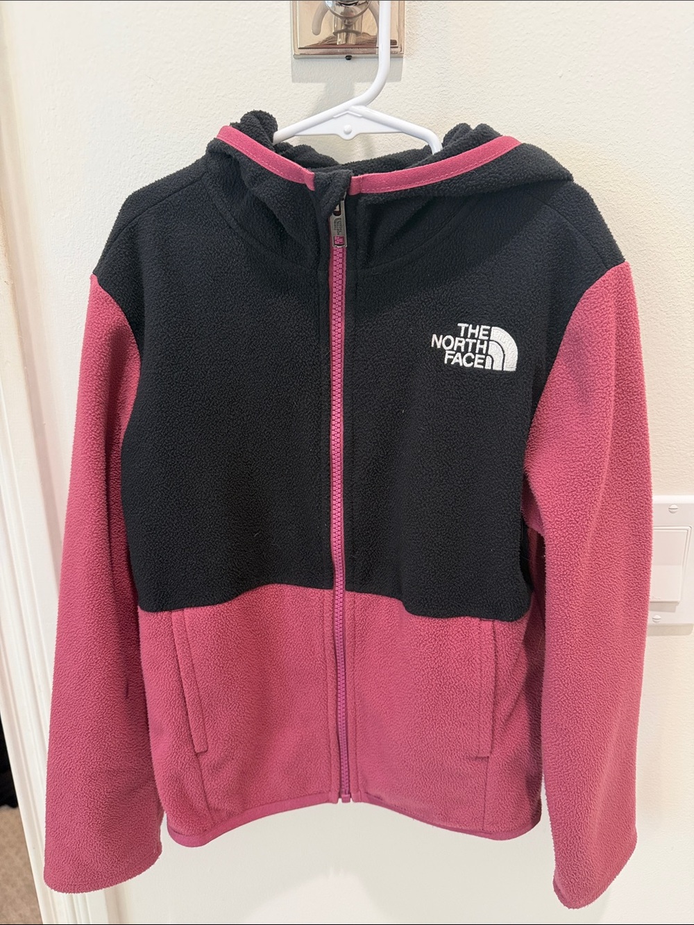 The North Face Kids Black and Pink Hooded Fleece Jacket